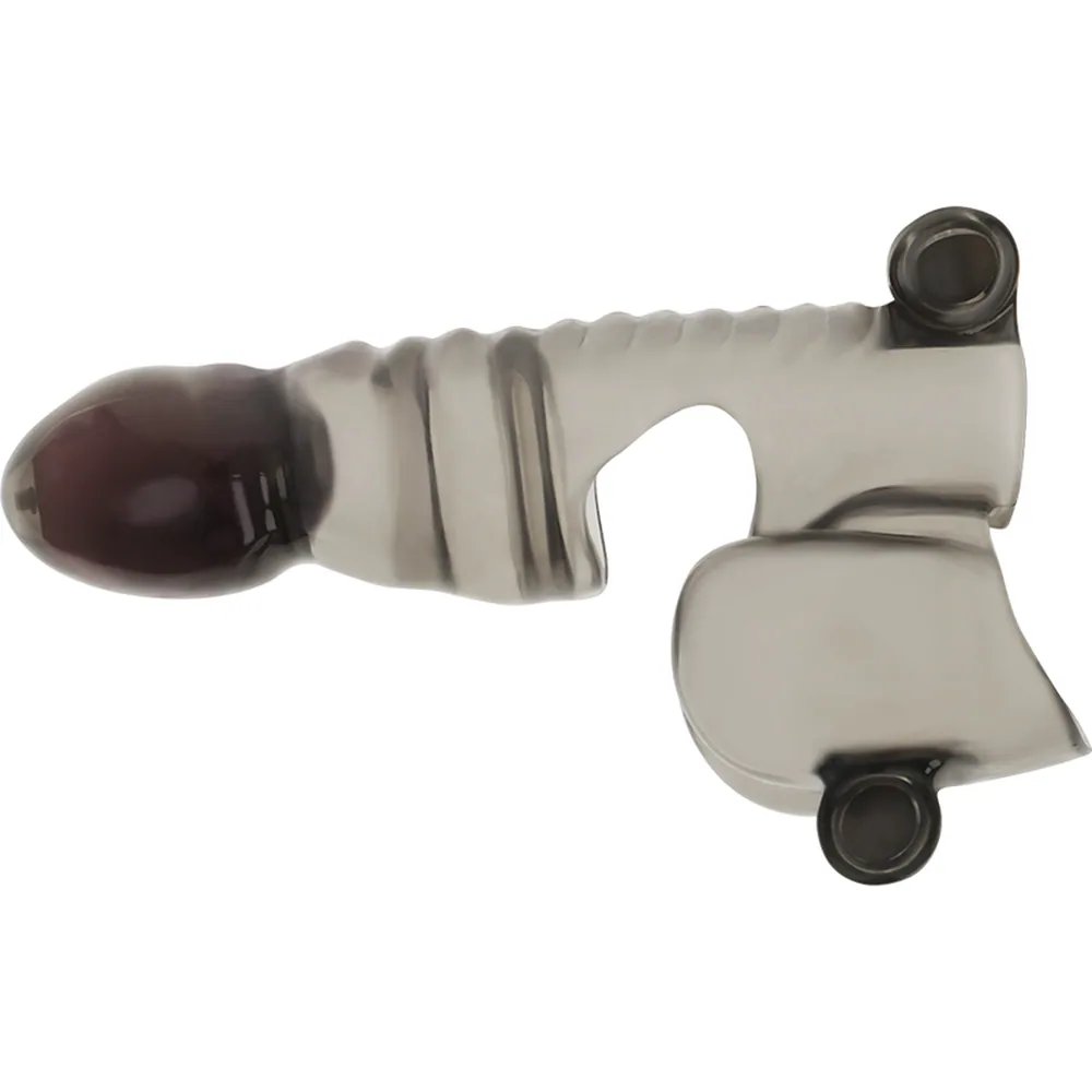 Gaine de pénis en silicone blanc avec trois balles vibrantes noires réparties sur la surface, embout arrondi transparent foncé, fond blanc