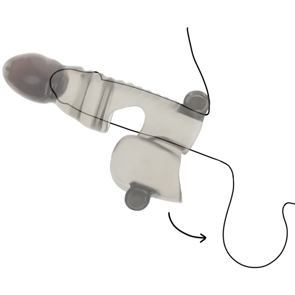Gaine de pénis en silicone blanc avec trois balles vibrantes noires réparties sur la surface, embout arrondi transparent foncé, fond blanc
