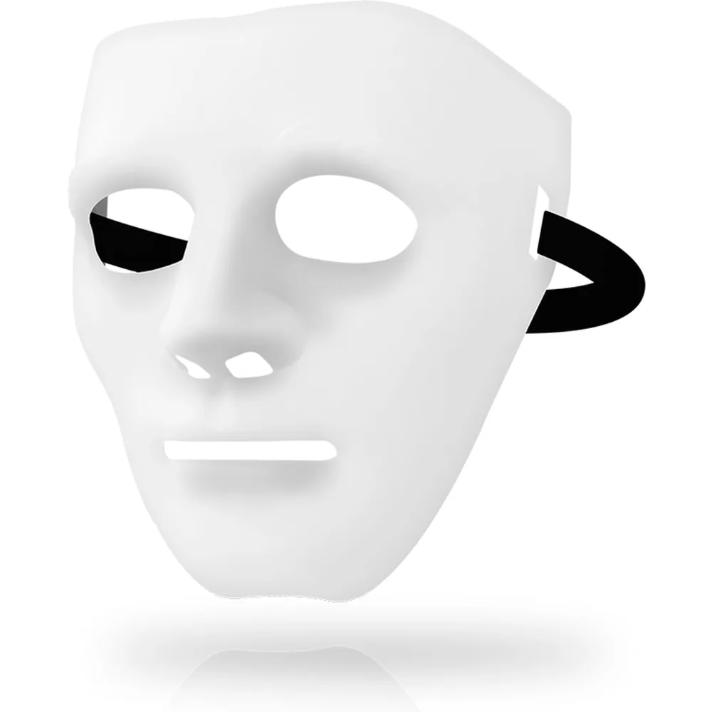 Masque blanc intégral lisse avec larges découpes ovales pour les yeux, petites fentes pour la bouche et détails noirs sur les côtés, sur fond blanc