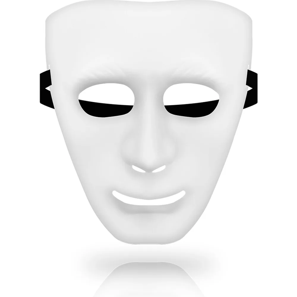 Masque blanc intégral lisse avec larges découpes ovales pour les yeux, petites fentes pour la bouche et détails noirs sur les côtés, sur fond blanc