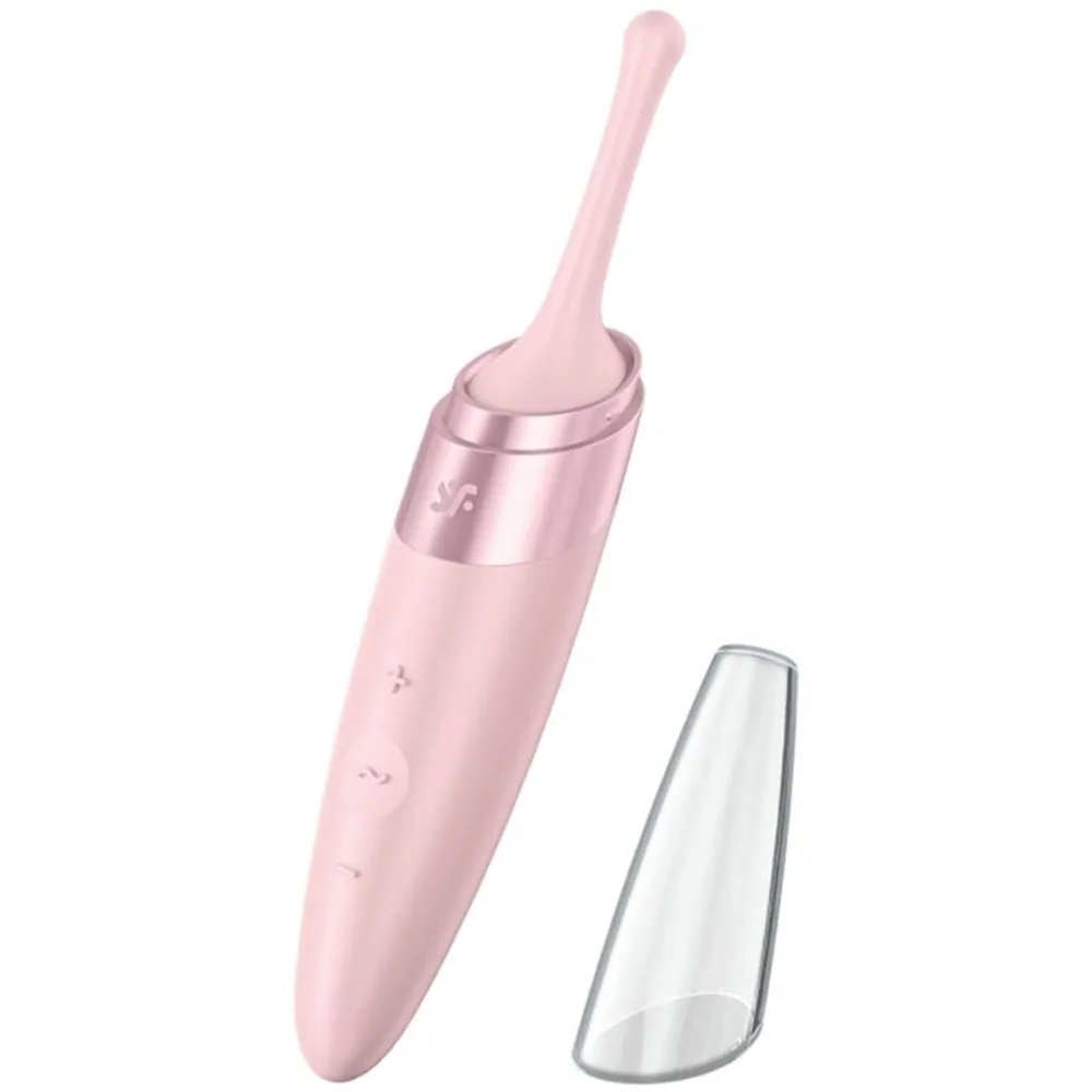 Vibromasseur rose pâle à pointe fine, capuchon transparent gris, design épuré avec détails en relief, fond blanc