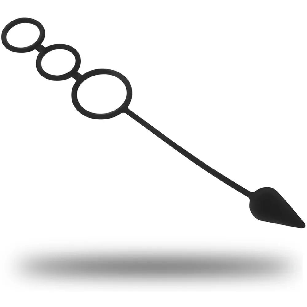 Schéma d'un cockring avec trois anneaux en silicone noir de tailles progressives reliés par une tige flexible terminée par un petit plug