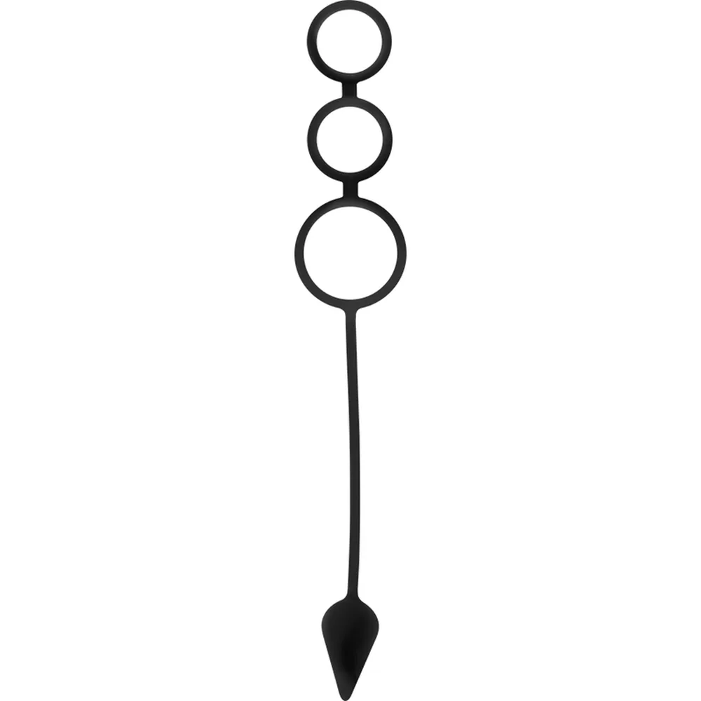 Schéma d'un cockring avec trois anneaux en silicone noir de tailles progressives reliés par une tige flexible terminée par un petit plug