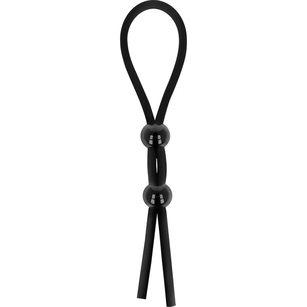 Cordon en silicone noir avec boucle de préhension et deux boules de maintien espacées, extrémité effilée