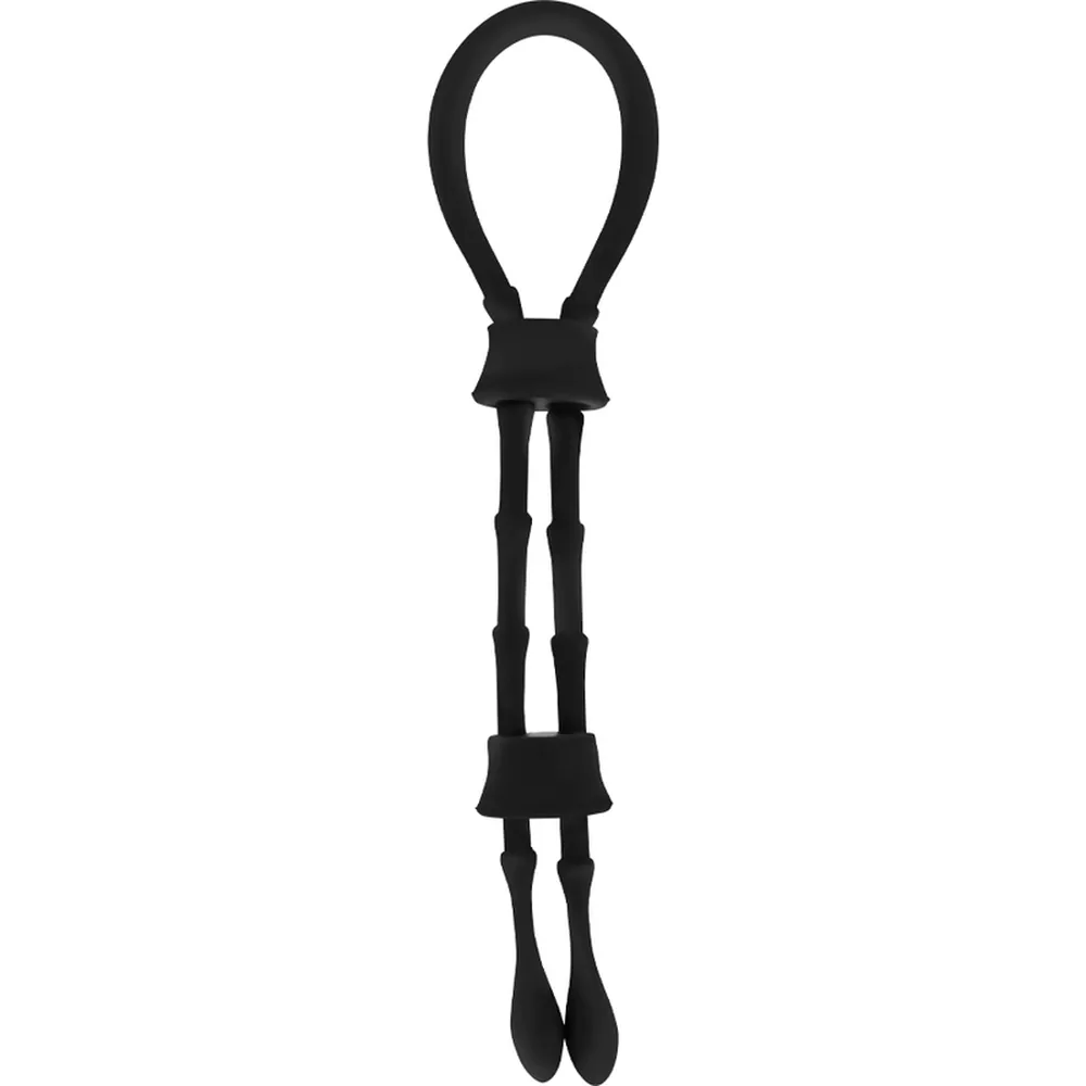 Anneau en silicone noir avec boucle de préhension et deux cordes parallèles terminées par des perles, sur fond blanc
