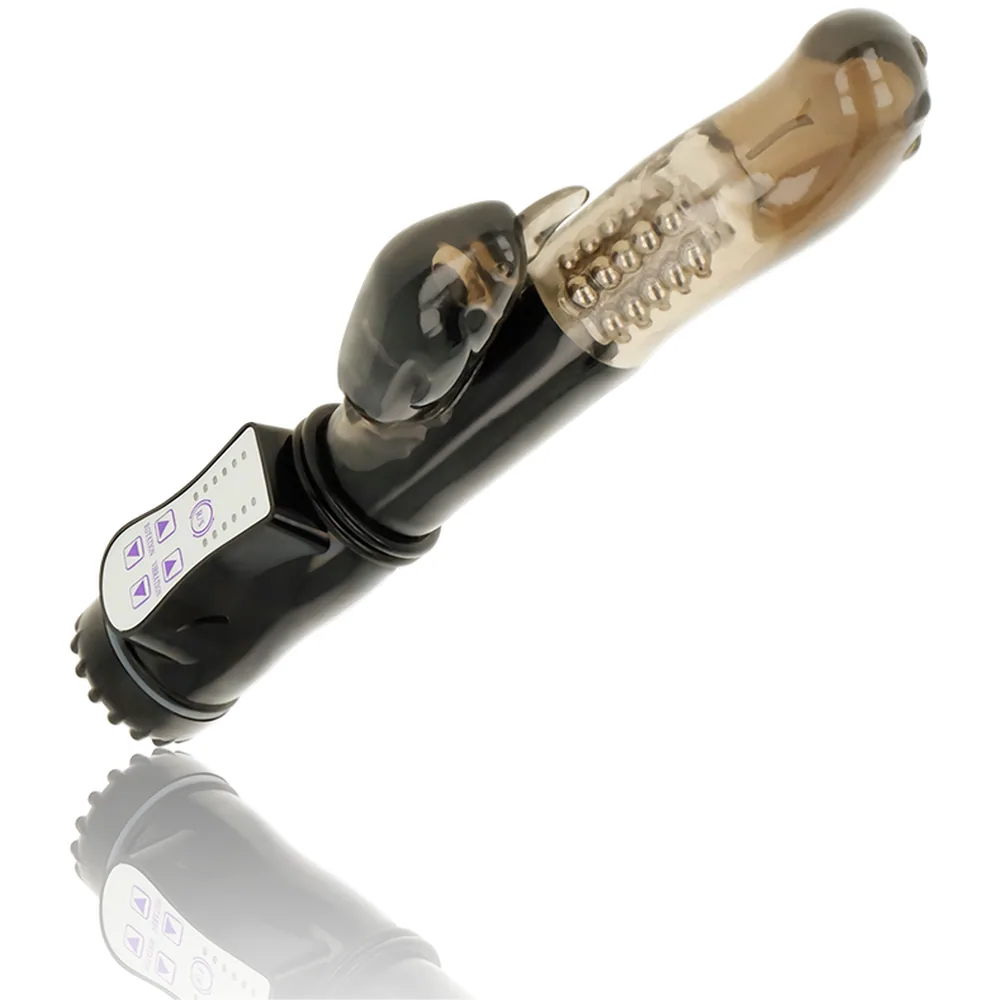 Vibromasseur rotatif noir et beige avec tête rotative texturée en silicone et stimulateur de clitoris en forme de dauphin, sur fond blanc