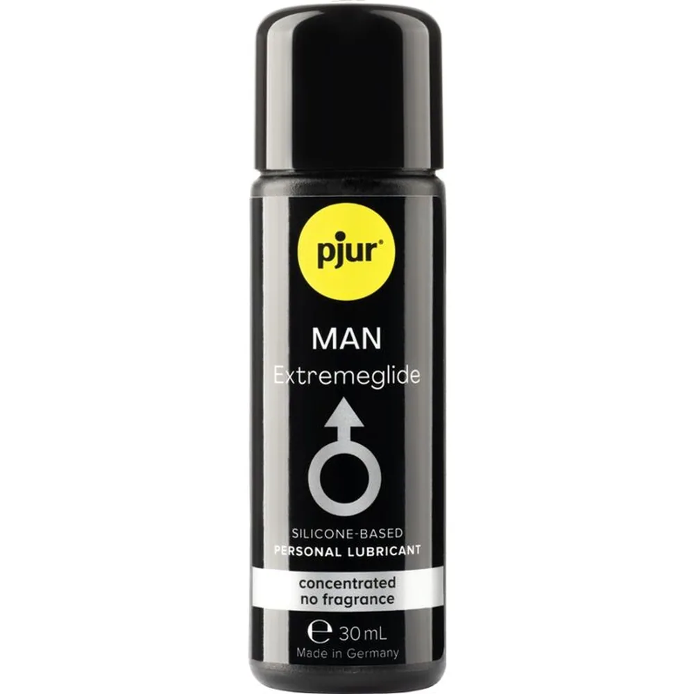 Flacon noir de 30 ml de lubrifiant à base silicone pjur MAN Extremeglide, étiquette noire avec logo pjur jaune et symbole homme gris, texte blanc mentionnant formule concentrée sans parfum