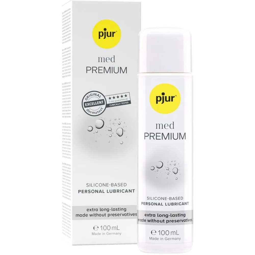 Emballage et flacon du lubrifiant silicone Med Premium pjur, flacon blanc de 100 ml avec logo jaune, boîte grise assortie, mentions de formule sans conservateur et sans silicone cyclique