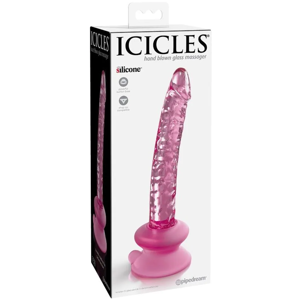 Emballage d'un masseur en silicone rose vif avec tige texturée et base ventouse, marque Icicles