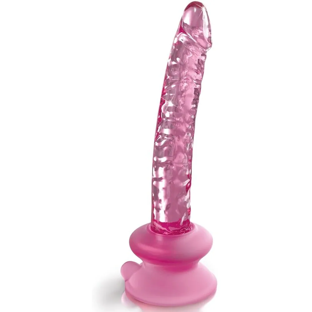 Emballage d'un masseur en silicone rose vif avec tige texturée et base ventouse, marque Icicles