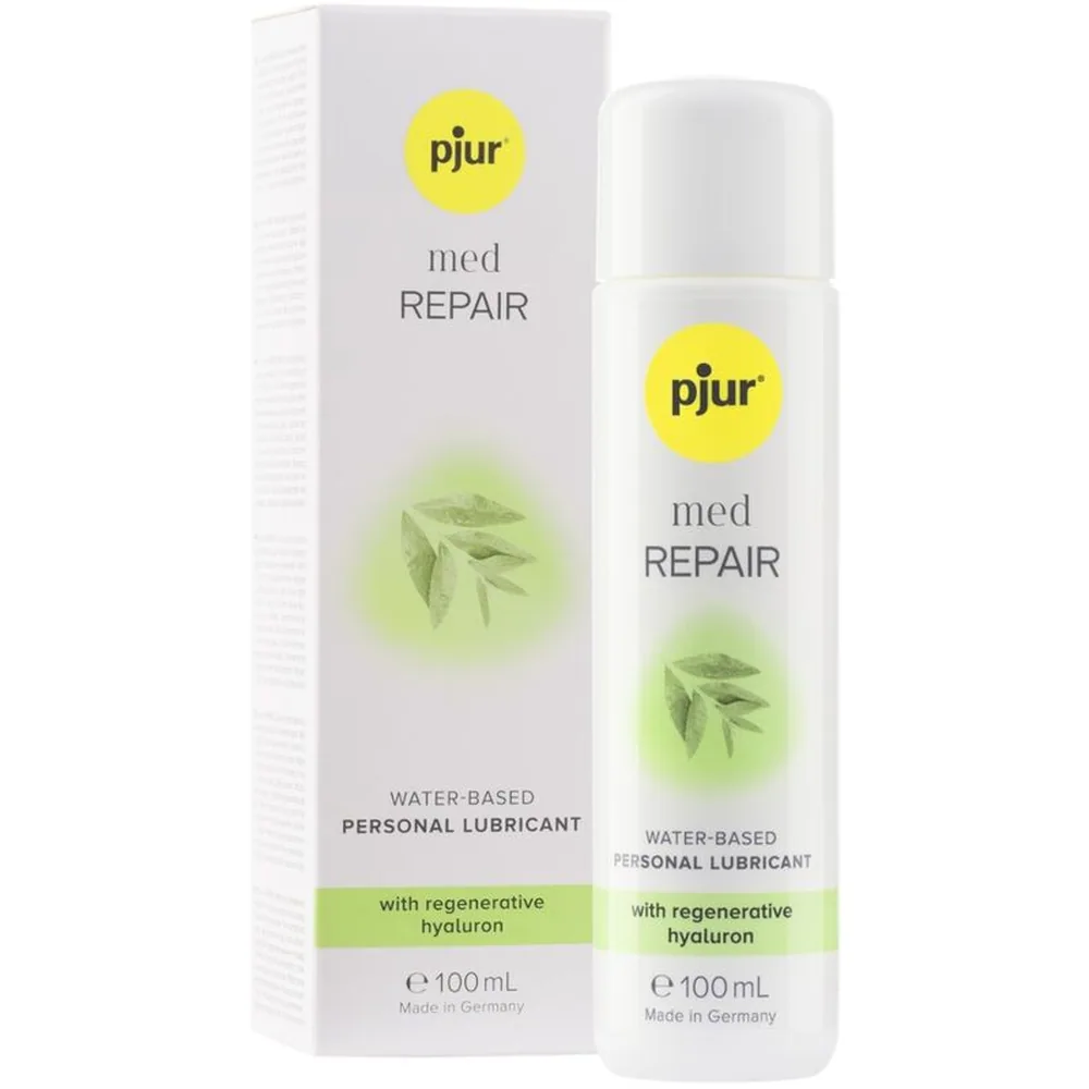 Boîte et flacon du lubrifiant personnel Pjur med Repair à base eau, 100 mL, emballage blanc avec logo jaune et motif botanique vert