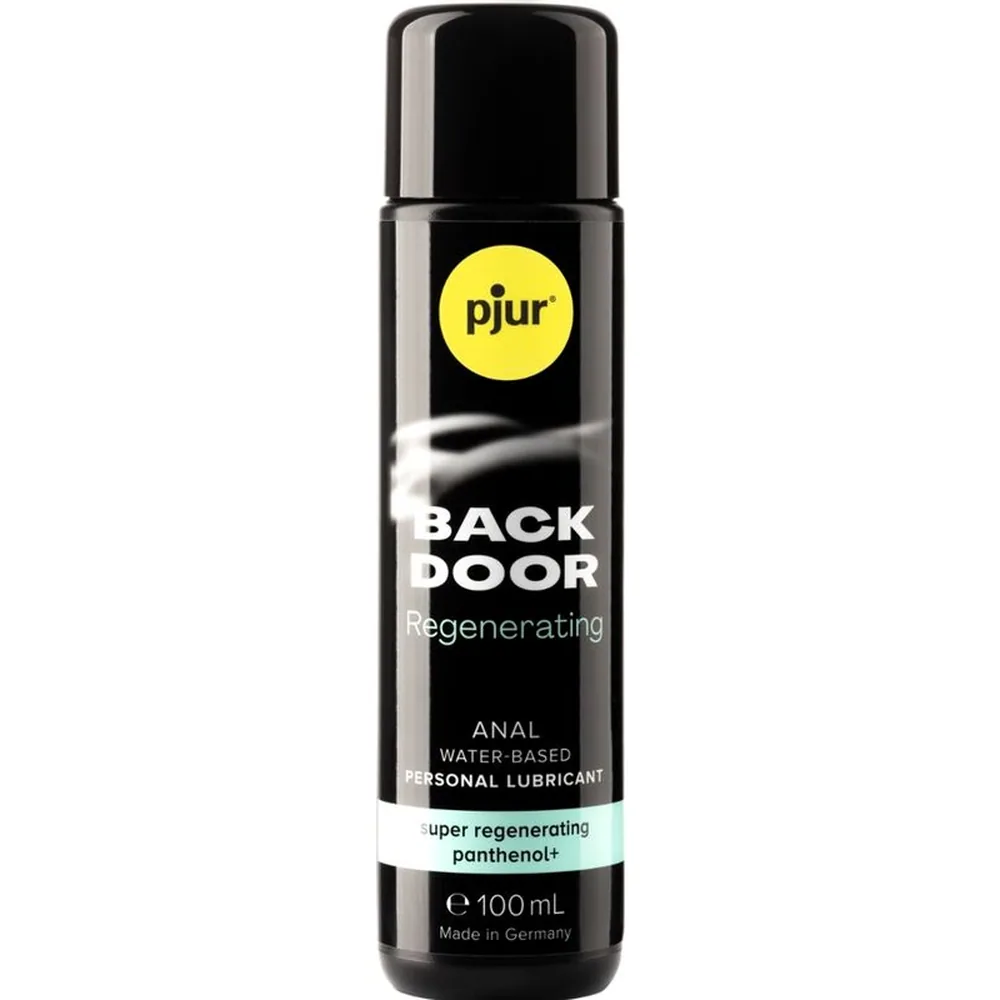 Flacon noir de lubrifiant Back Door Regenerating de pjur, 100 ml, avec étiquette jaune et noire indiquant « anal water-based personal lubricant »