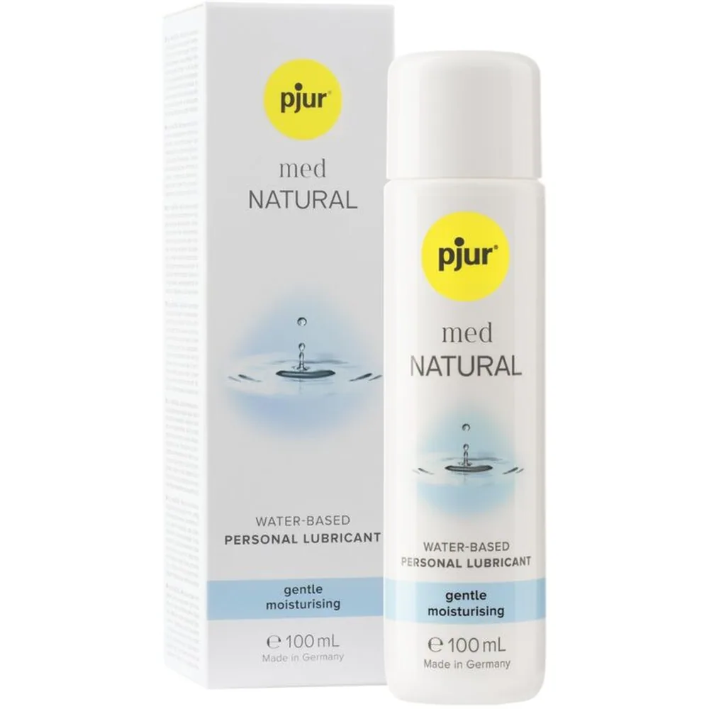 Emballage et flacon du lubrifiant Pjur med Natural 100 ml, base eau, avec étiquette blanche, logo jaune et visuel de goutte d'eau