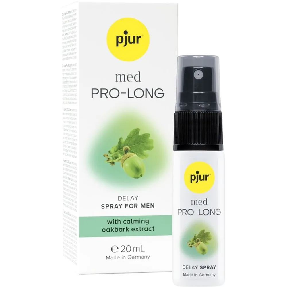Emballage et flacon vaporisateur du spray retardant Pjur Med Pro-Long 20 ml, présenté en boîte blanche avec logo jaune, flacon blanc avec pulvérisateur noir
