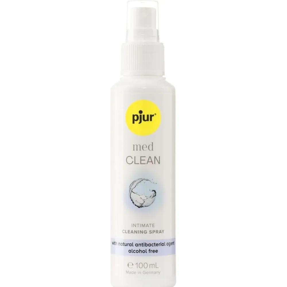 Flacon blanc de 100 mL avec pulvérisateur, étiquette jaune et grise pjur med CLEAN, spray nettoyant intime sans alcool