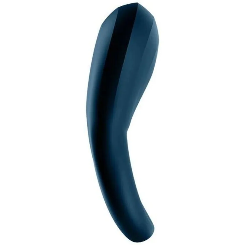 Cockring Epic Duo bleu foncé, stimulateur épais aux courbes ondulantes, silhouette effilée aux extrémités, fond blanc