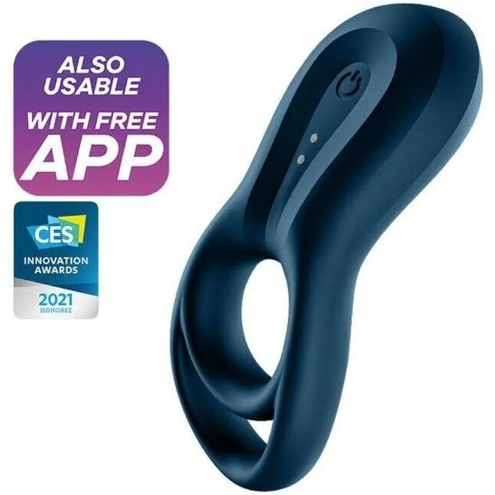 Cockring Epic Duo bleu foncé, stimulateur épais aux courbes ondulantes, silhouette effilée aux extrémités, fond blanc