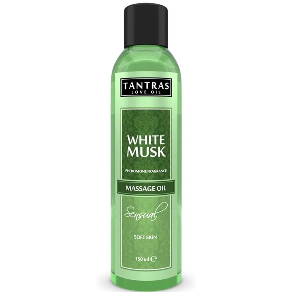 Flacon de 150 ml d'huile de massage Tantras Love Oil White Musk, liquide vert clair avec bouchon noir, étiquette verte indiquant « massage oil » et « soft skin »