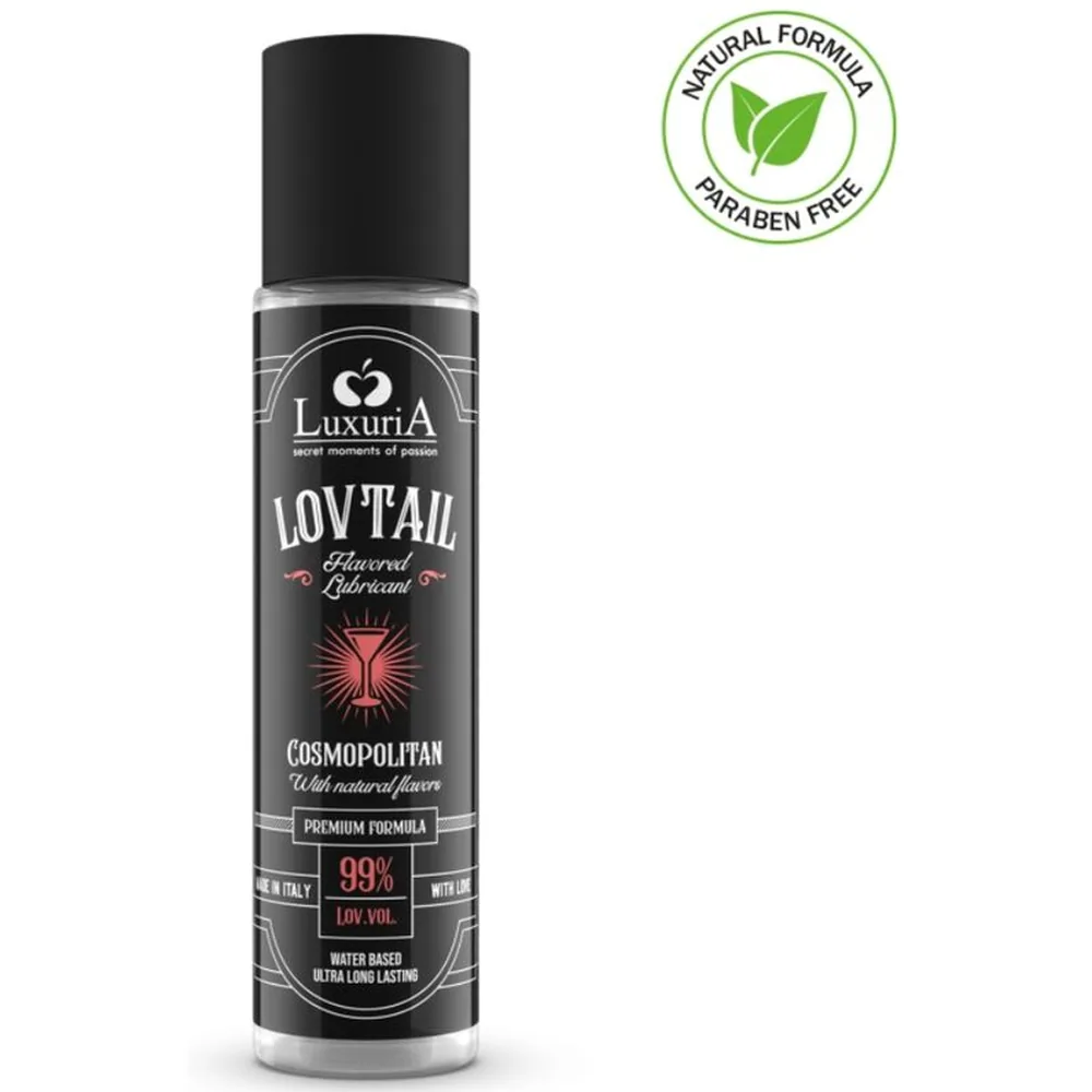 Flacon spray noir de lubrifiant Luxuria Lovtail au goût cosmopolitan, étiquette grise avec lettrage blanc et détail rose, logo naturel sans paraben en haut à droite