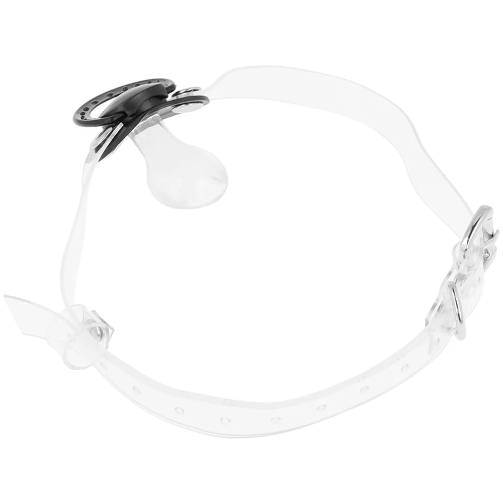 Bâillon avec sucette en silicone transparent, sangle blanche réglable dotée de boucles d'ajustement, embout noir métallisé en haut