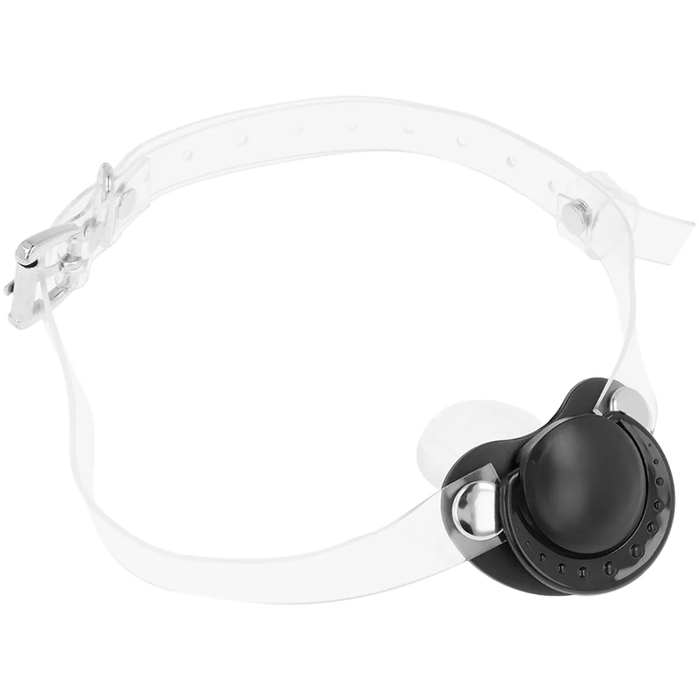 Bâillon avec sucette en silicone transparent, sangle blanche réglable dotée de boucles d'ajustement, embout noir métallisé en haut