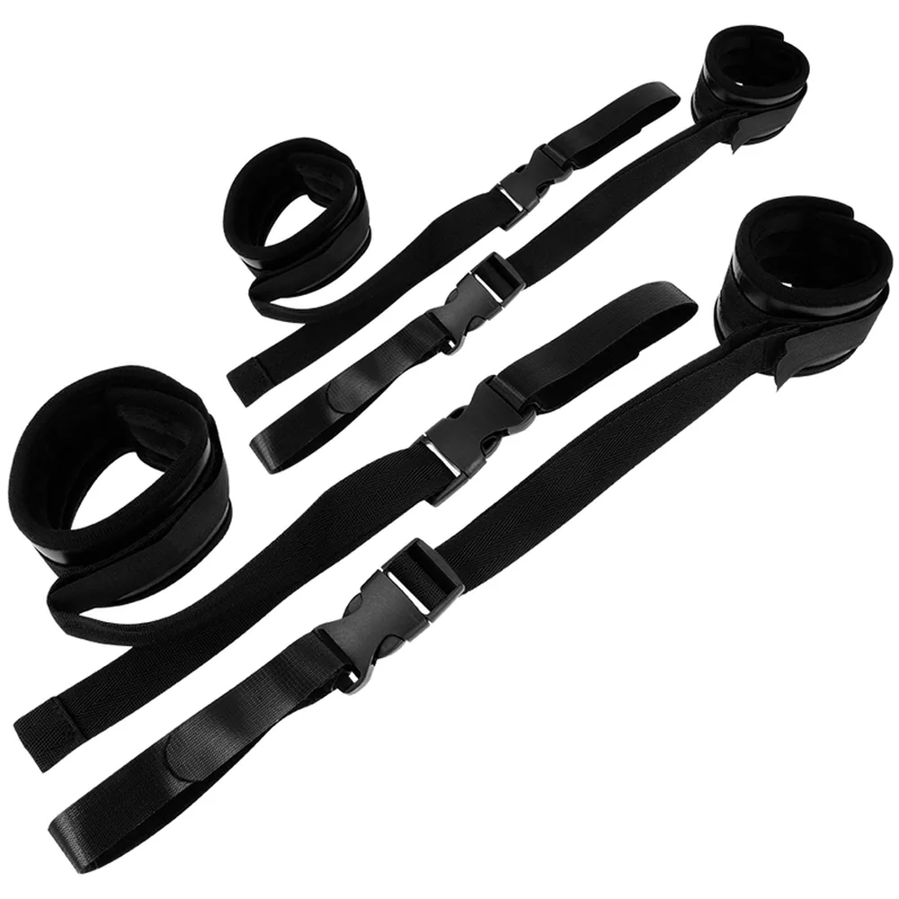 Ensemble de quatre menottes de retenue en nylon noir avec boucles de fermeture ajustables et velcro, présenté à plat sur fond blanc