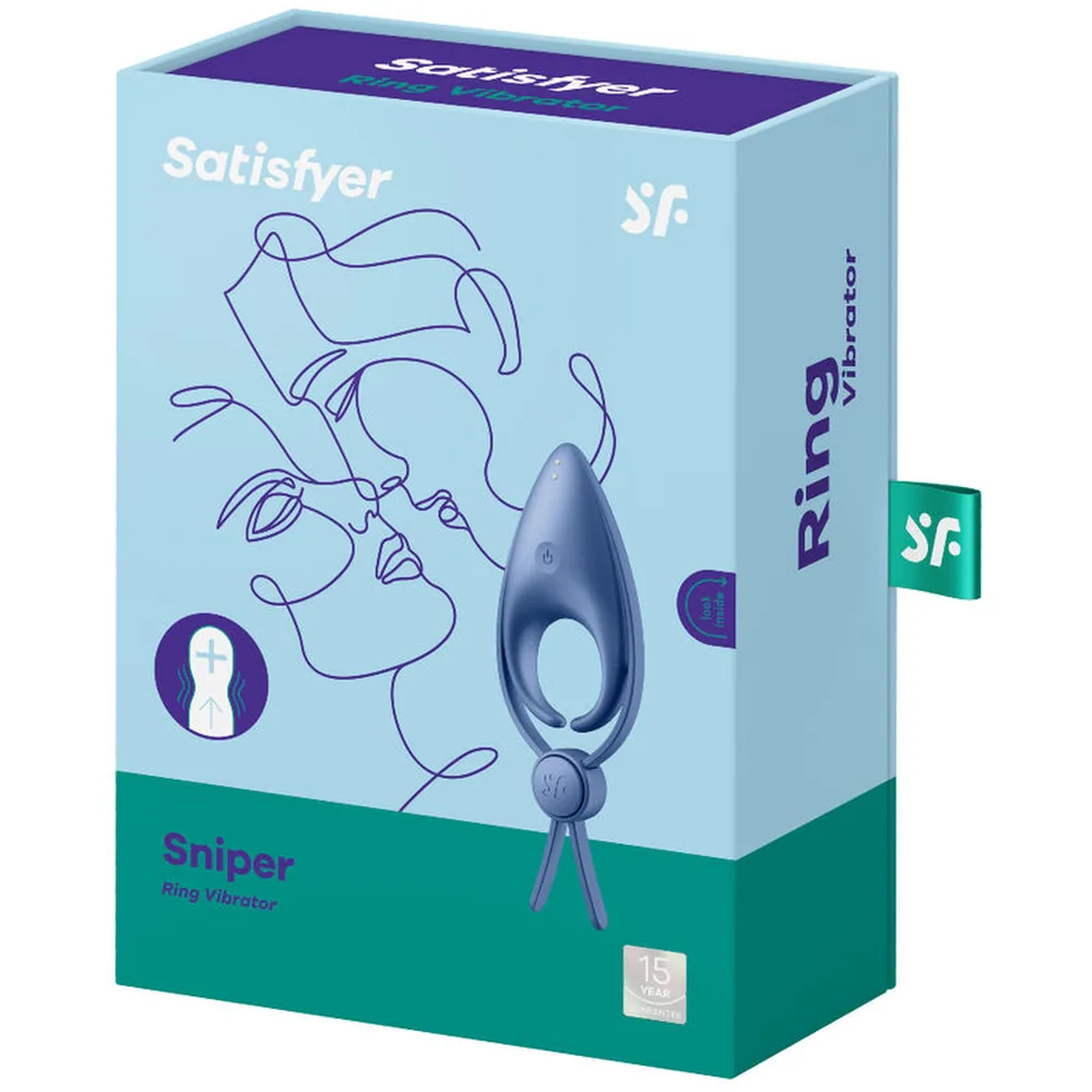 Vibromasseur bleu en silicone avec embout effilé et anneau à boucles réglables à la base, sur fond blanc