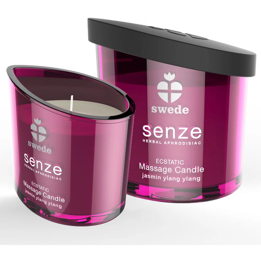 Ensemble de six bougies de massage Senze aux teintes vives : verte, violette, rose fuchsia, marron, orange et une bougie turquoise plus grande avec couvercle noir, sur fond blanc