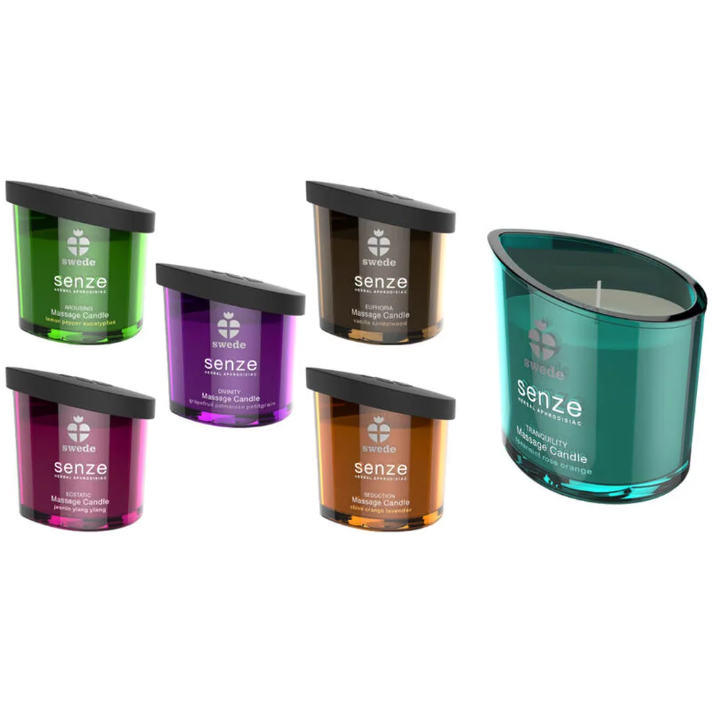 Ensemble de bougies de massage Senze en verre coloré : vert, violet, rose, marron, orange et turquoise, avec couvercles noirs, sur fond blanc