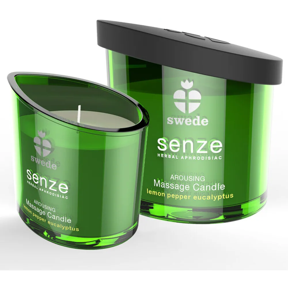 Ensemble de bougies de massage Senze en verre coloré : vert, violet, rose, marron, orange et turquoise, avec couvercles noirs, sur fond blanc