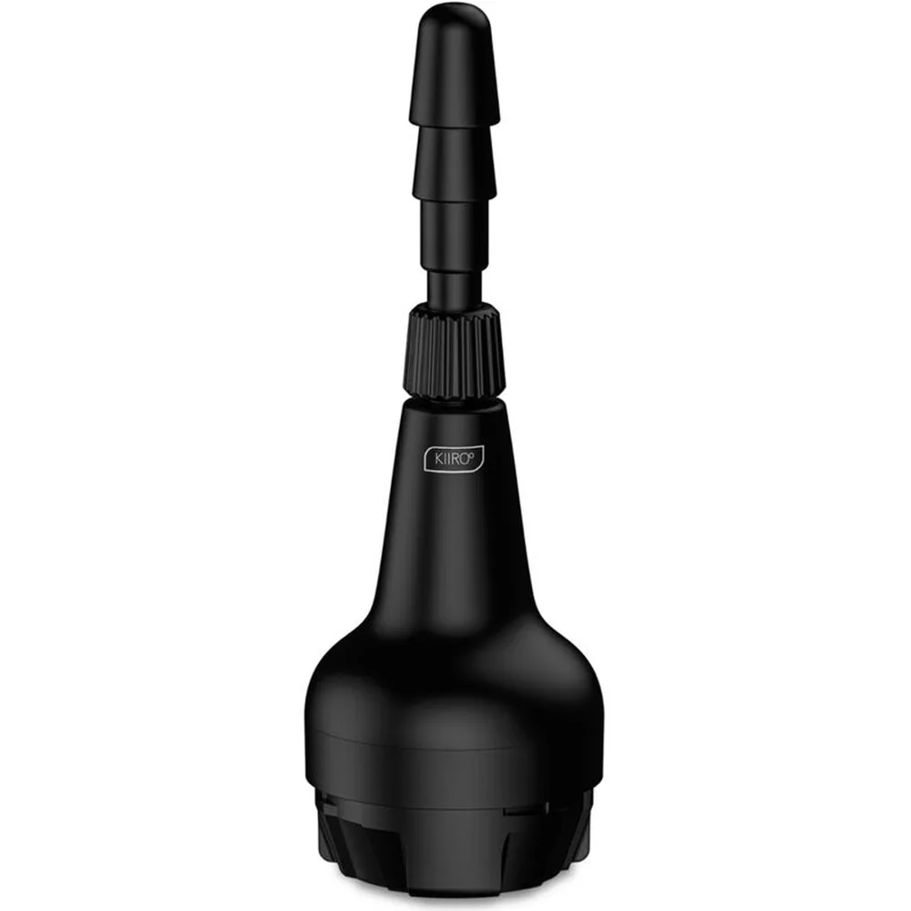 Adaptateur de gode noir Keon avec embout étagé sur fond blanc, présenté avec son emballage de vente montrant schéma et caractéristiques