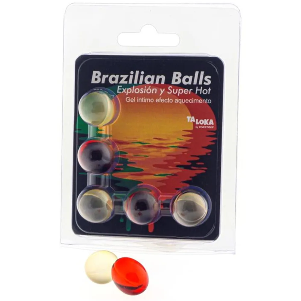 Emballage blister des boules brésiliennes gel excitant avec cinq billes translucides en relief, deux billes détachées en avant du packaging montrant une blanche et une rouge vif