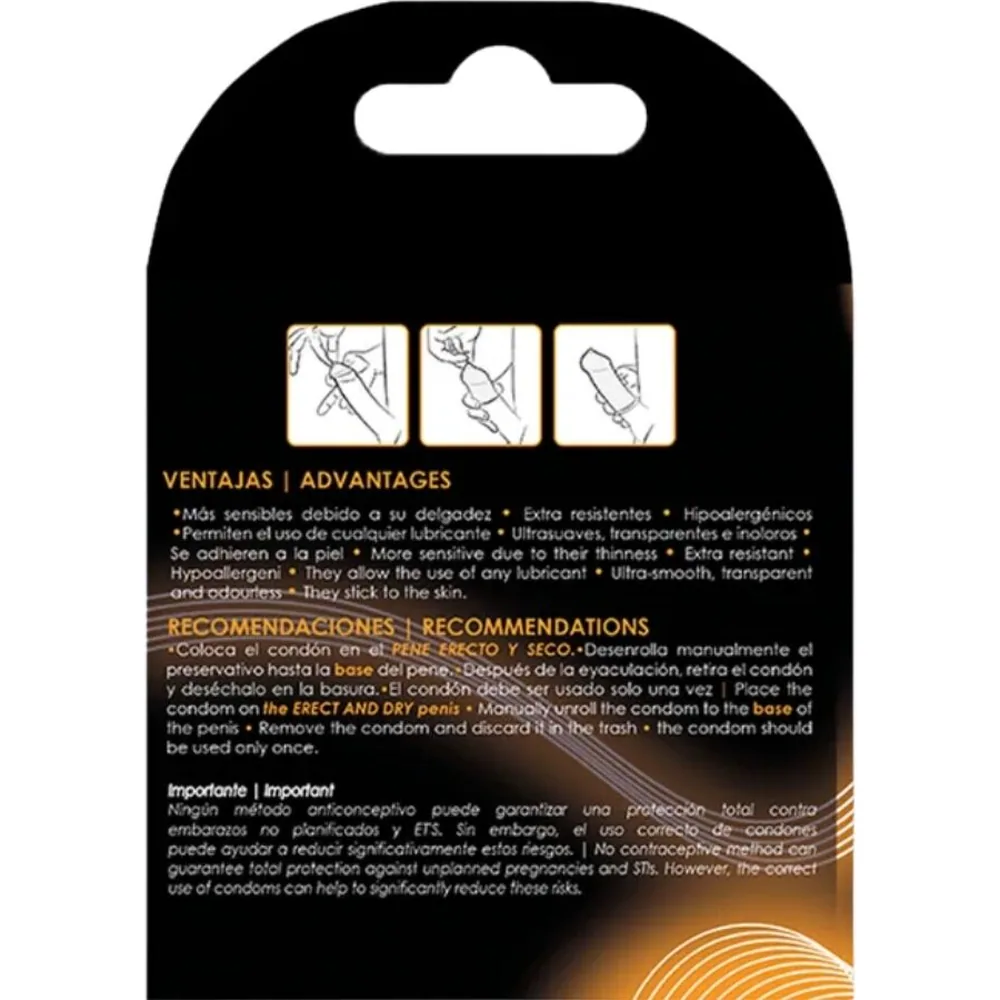 Emballage de préservatifs Uniq Classic noir et or avec logo blanc, mention de 3 préservatifs et marquages CE