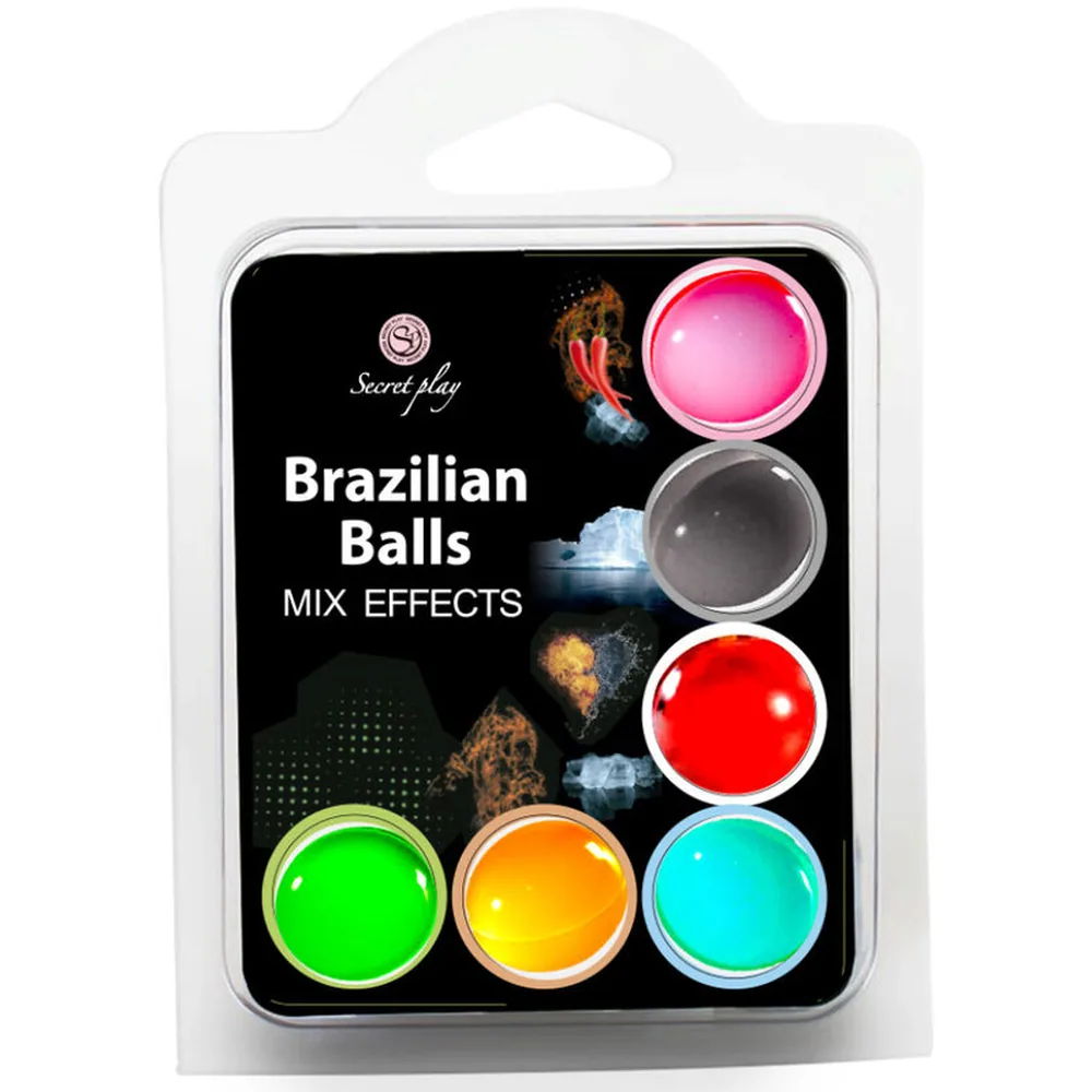 Coffret de six balles brésiliennes de couleurs différentes : rose, gris, rouge, vert, orange et bleu ciel, présenté dans un emballage blanc avec fiche de démonstration des effets