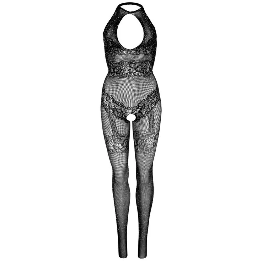 Bodystocking résille noir sans couture avec dentelle rebrodée de strass sur le buste et les cuisses, ouverture en trou de serrure au centre, fond blanc