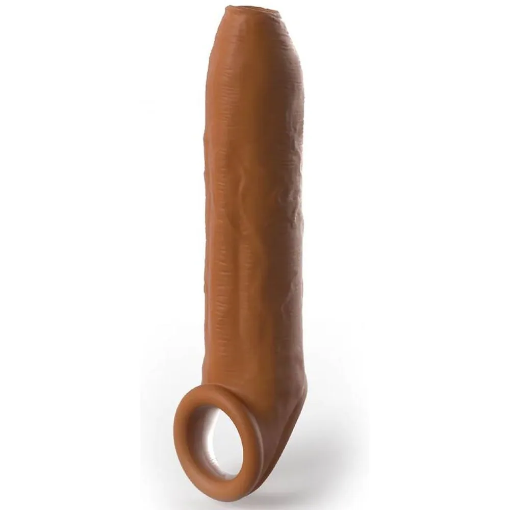 Emballage du manchon d'extension non coupé Fantasy X-Tensions Elite en silicone marron, fenêtre transparente montrant le produit, design blanc et bleu avec bandeau turquoise