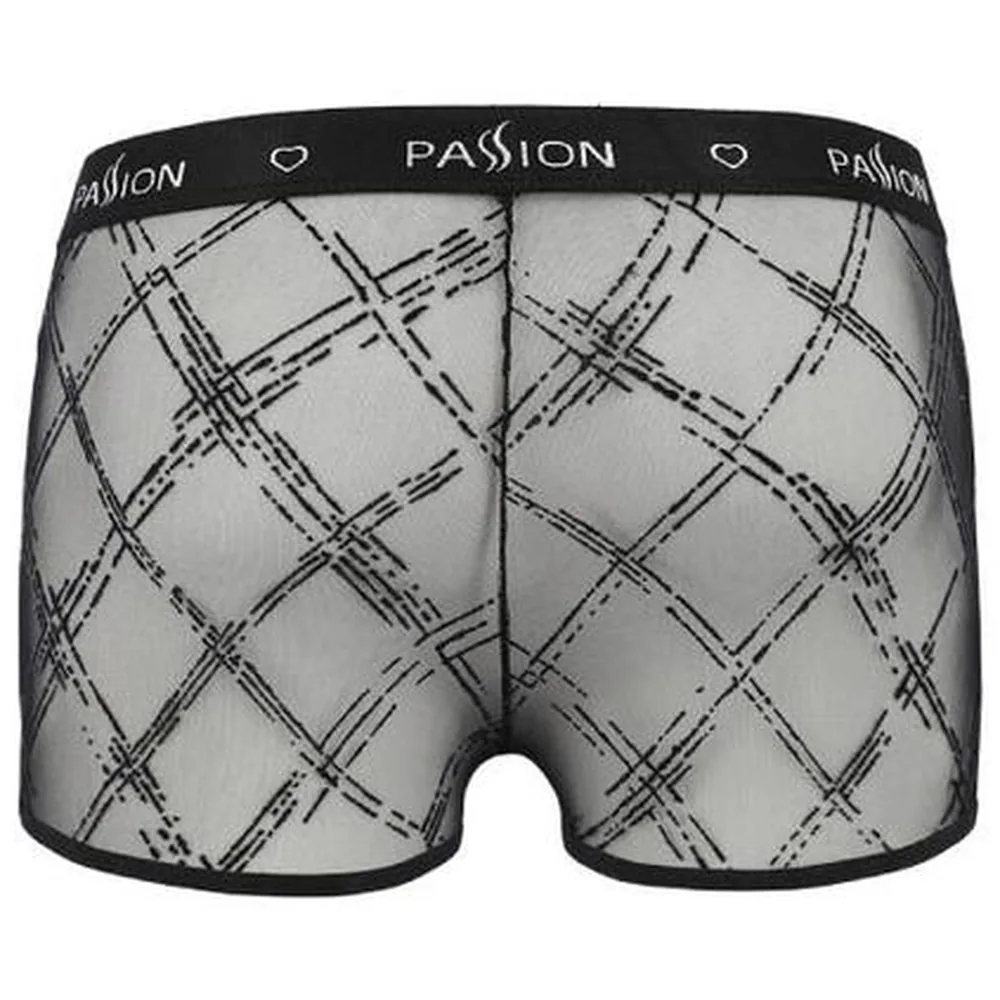Short James en résille noire avec motif de lignes croisées, taille élastiquée noire marquée « PASSION » avec petits cœurs, vue de face