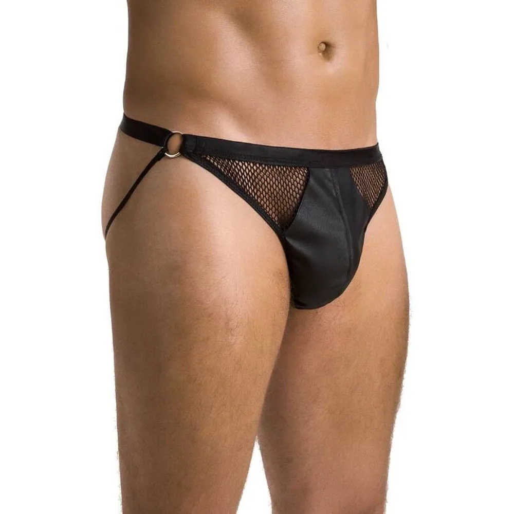 Slip open Luke noir à devant ouvert, avec bande élastique au-dessus des hanches et détails mi-résille mi-wetlook