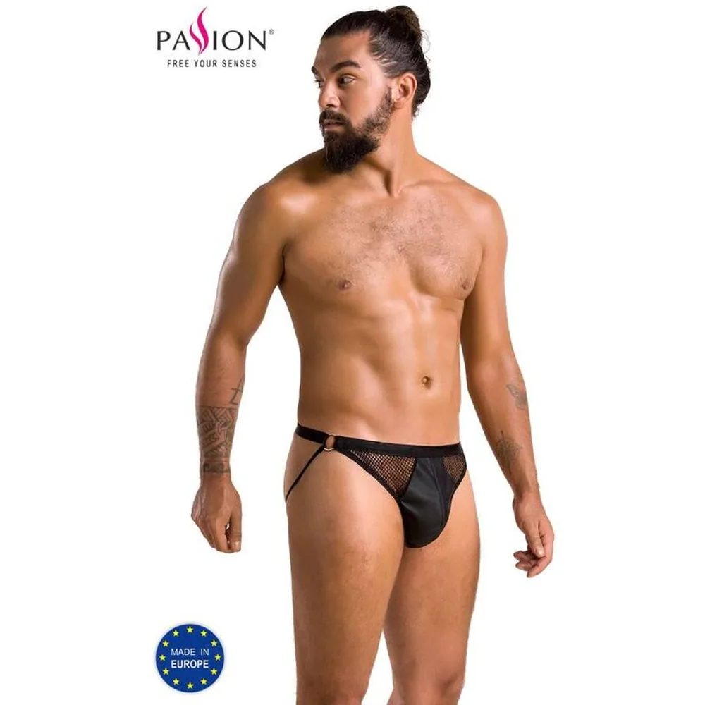 Slip open Luke noir à devant ouvert, avec bande élastique au-dessus des hanches et détails mi-résille mi-wetlook