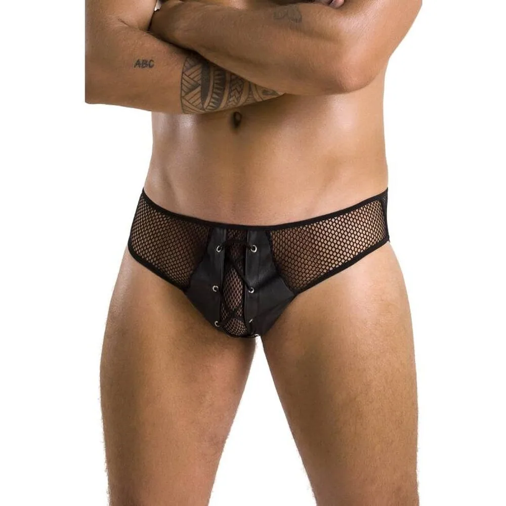 Slip homme noir en résille à larges mailles avec bande centrale en tissu lisse fermée par un laçage à œillets métalliques
