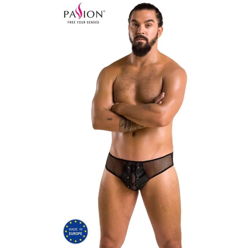 Slip homme noir en résille à larges mailles avec bande centrale en tissu lisse fermée par un laçage à œillets métalliques