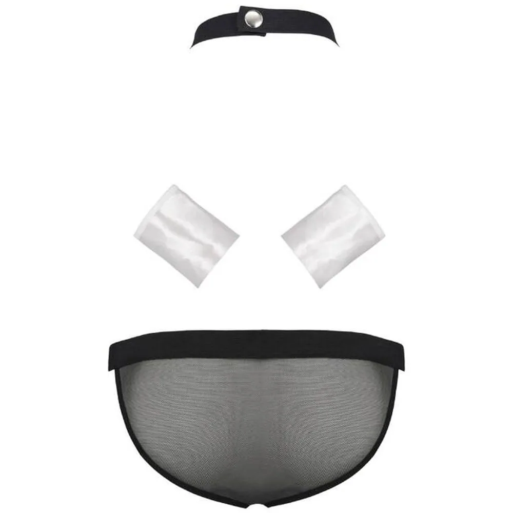 Ensemble lingerie homme composé d'un slip blanc avec panneaux noirs en résille, d'un nœud papillon noir et de deux poignets blancs à pression, présentés sur fond blanc