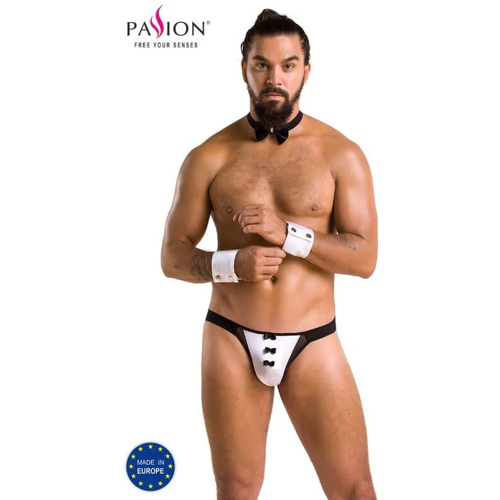 Ensemble lingerie homme composé d'un slip blanc avec panneaux noirs en résille, d'un nœud papillon noir et de deux poignets blancs à pression, présentés sur fond blanc