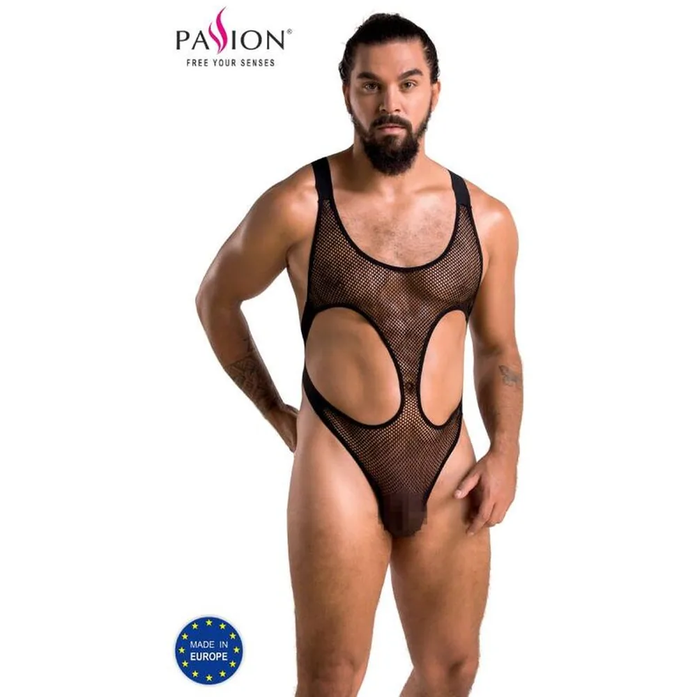 Body Leon en résille noire extensible, ajouré sur les hanches et les côtés, porté par un mannequin sur fond blanc