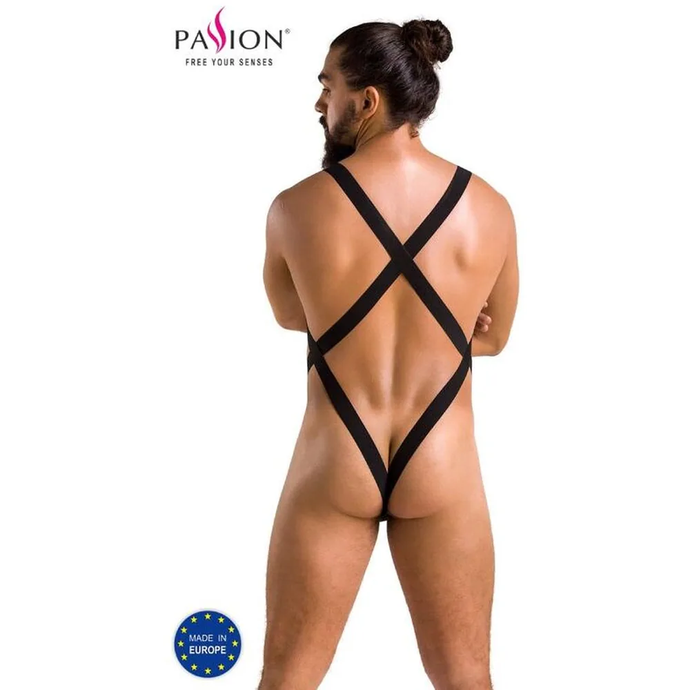 Body Leon en résille noire extensible, ajouré sur les hanches et les côtés, porté par un mannequin sur fond blanc