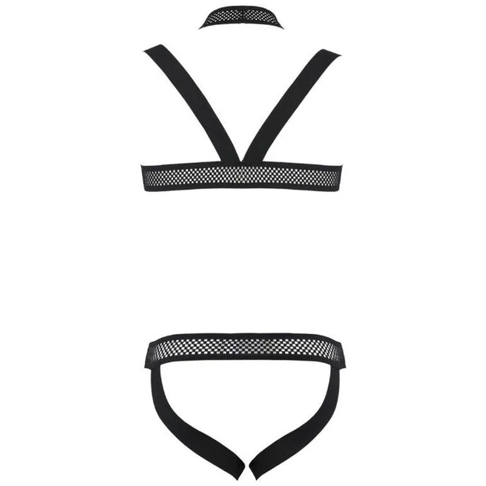 Ensemble Jacob deux pièces noir : harnais de poitrine à sangles et détails en résille ajourée, accompagné d'un jockstrap assorti en résille avec anneau métallique, vue de face sur fond blanc