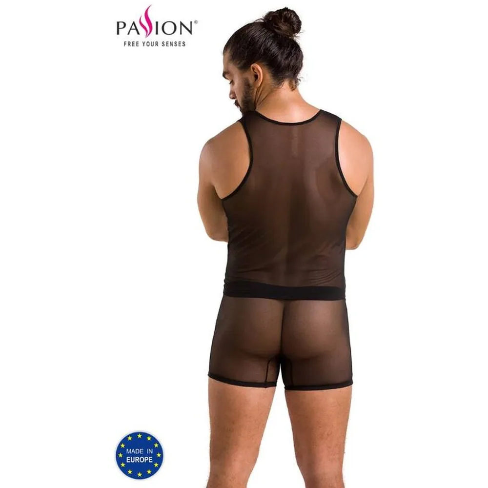 Ensemble lingerie noir composé d'un débardeur et d'un boxer en résille à brides croisées, encolure V profonde sur fond blanc