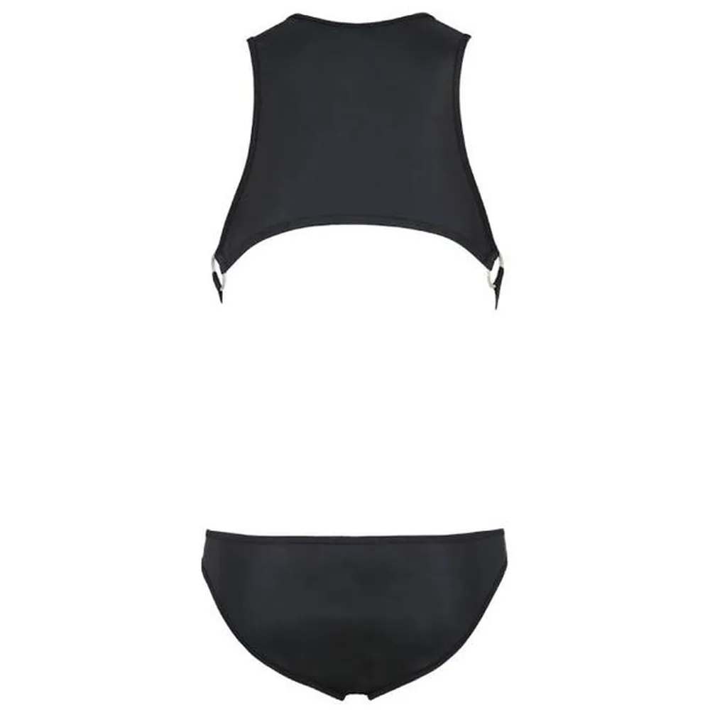 Body Adam noir avec débardeur court et slip reliés par deux bretelles à pressions, vue de face sur fond blanc