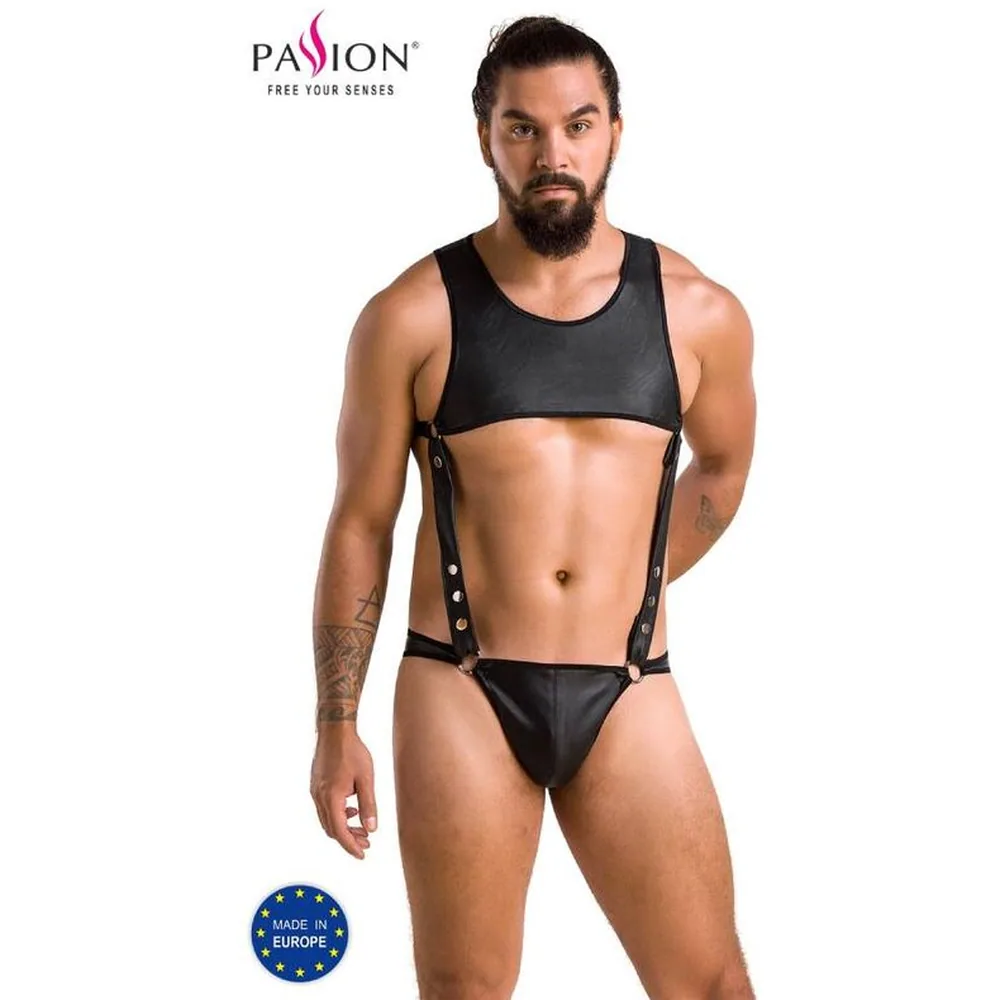 Body Adam noir avec débardeur court et slip reliés par deux bretelles à pressions, vue de face sur fond blanc