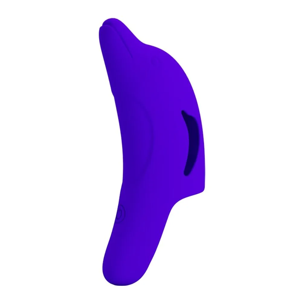 Stimulateur de doigts Delphini en silicone bleu électrique, forme ergonomique incurvée avec extrémité texturée, sur fond blanc